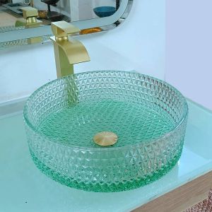 Diamond Shape Crystal Glass Vessel Sinks Table Top Wash Basin Green Bottom