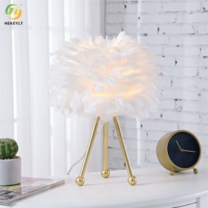 Cheap 14.5&quot; Tripod Metal Body Bedside Table Lamp White Feather for sale