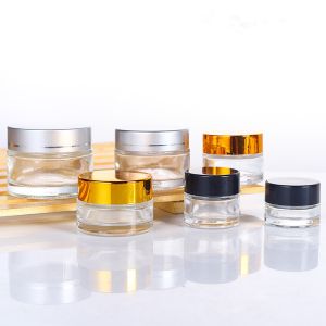 China 5g 10g 15g 30g 50g 100g Food Grade Round Glass Jar with Gold or Silver Lids from Screen Printing on sale
