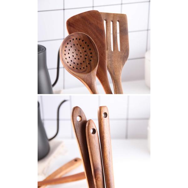 Natural Nonstick Hard Wood Cooking Utensils Spatula Spoons Set And Storage Wooden Barrel