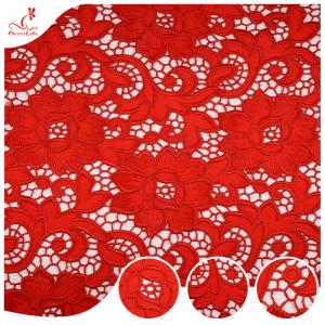 China 135CM Fancy Embroidered Fabric Hollow Lace Trim 3d Red Flowers Embroidery Guipure Lace Fabric on sale