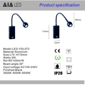 Modern adjustable IP20 gooseneck led reading wall light interior 3W led bedside