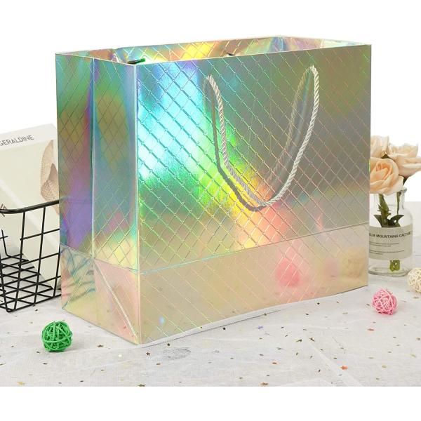 Custom Logo Printed Wholesale Retail Rainbow Iridescent Fancy Holographic Hologram Paper Gift Bags