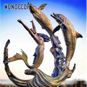 3D Water Fountain Sculpture Dolphin Spitter Fountain With Mermaid statue