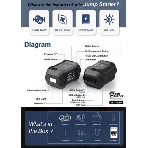High Capacity 20000mAh Car Battery Booster with Air Compressor and Smart Safety