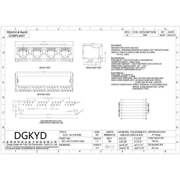 1x4 Right Angle Tab Down Shield RJ45 Connectors Quad Ports Ethernet Switch Sockets KRJ-5621S10P8C14QNL