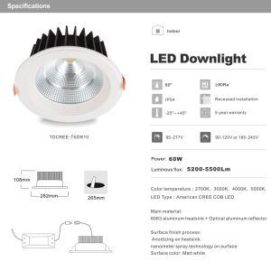 60W Ultra high lumens 5500LM Dimmable CREE COB home hotel lighting LED Downlight