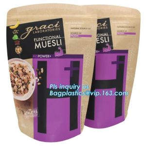 Stand up pouch with zipper and window for dog food packaging, chicken jerkey bag