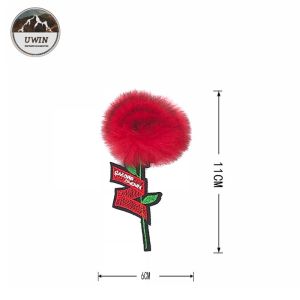 Red Flower Embroidery Designs Patches Custom Logo With Rabbit Fluff Material