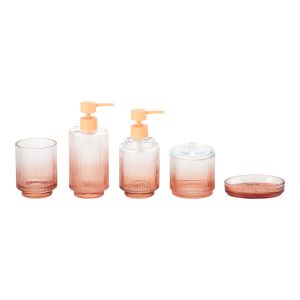 Cheap Easy To Clean Bathroom Accessories Set Ombre Orange Color Round Shape with Ribbed Vertical Stripe Glass Soap Dispenser for sale