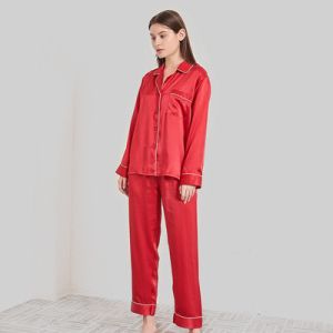 China Luxury Sleep Wear Long Sleeve Silk Pajama Set Women Pajamas Silk Two Pieces on sale