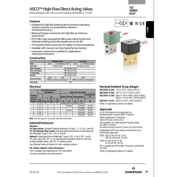2 Position 3 Way 327 Series ASCO Solenoid Valves Direct Acting For Petrochemicals