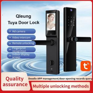 Qleung Video Calling Camera Wifi Fingerprint Code Key Card Tuya Door Lock for