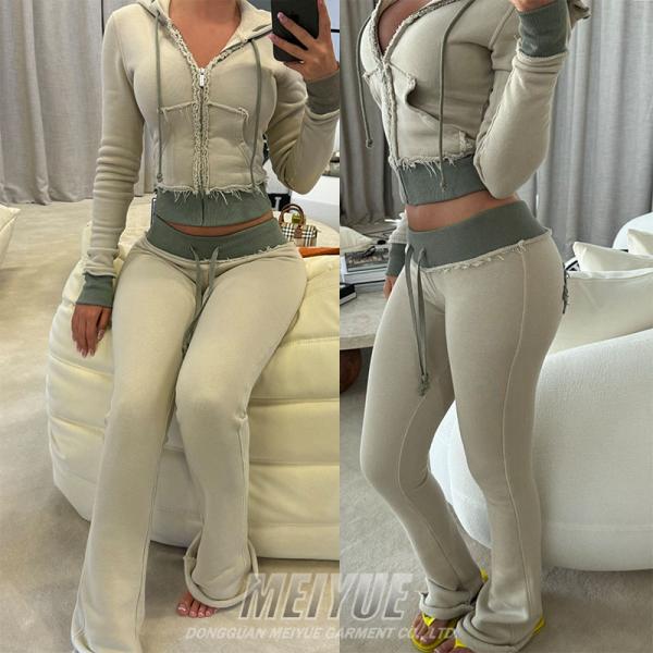 Custom Embroidery Distressed Crop Top Zip up Hoodie Tracksuit Joggers Two Piece Set Women Clothing Sweatpants and Hoodie Set