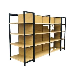 Factory customized color size wood grain shelf store supermarket supplies