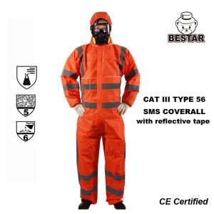 Cheap CE Certified Cat III Type 5/6 SMS protective Coverall with reflective tape for sale
