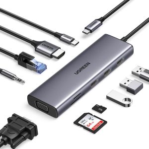 USB C Hub, 10-in-1 USB-C Dongle with 4K-HDMI & VGA Dual Monitor,1Gbps Ethernet