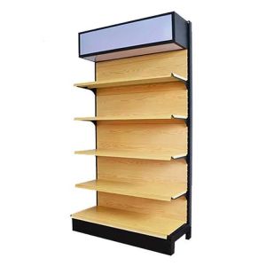 China Factory Customized Color Size Logo Wood grain color supermarket shelf shop shelf store shelves with light box on sale