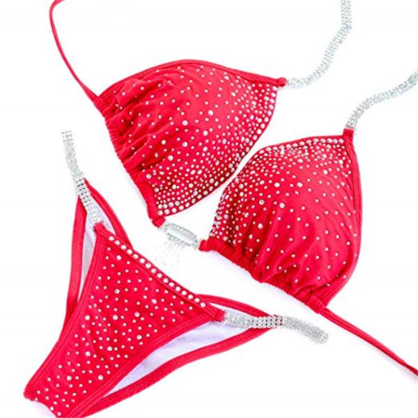 Quality Rhinestone Red NPC Bikini Competition Suits Handmade Design With Crystals wholesale