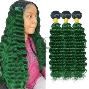 #T1B/Green Deep Wave Remy Human Hair Bundles Sew In Weave Bundles Brazilian