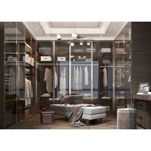 Blum 6x8 Walnut Walk In Closet Wardrobe Design With Glass Door Lighting SGS