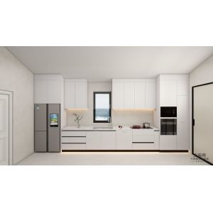 China White Stainless Steel Kitchen Cabinets Modern One-Wall Design With Built-In Appliances on sale