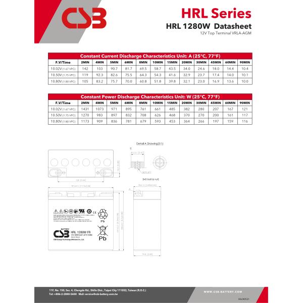 CSB HRL1280W Sealed Lead Acid Battery Extremely High Current 12V 80W Gel Battery
