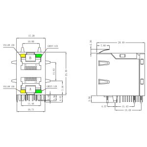 RM3-148A8M1F Stacked 2x1 Port RJ45 With Transformer LPJ17206AGNL 10 / 100Base-T