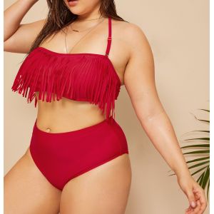2019 New Plus Size Two piece Tassel High Waist Swimsuit Women Push up
