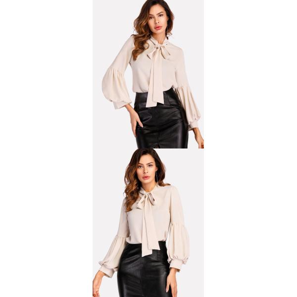 Tie Neck Balloon Sleeve Elegant Ladies Blouse