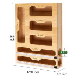 Bamboo Plastic Bag Dispenser Cutter Drawer Ziplock Bag Storage Organizer for