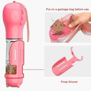 4 In1 Portable Leakproof Pink Dog Water Bottle With Food Container & Waste Bag