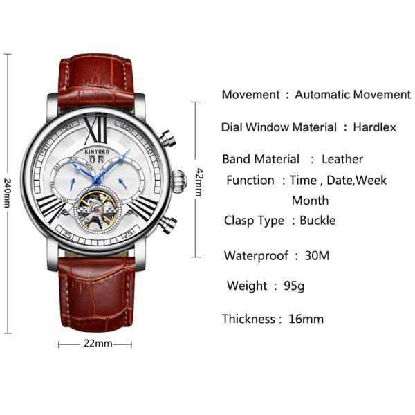 Brown Genuine Leather Luxury White Dial Automatic Movement Mens Waterproof Automatic Mechanical Watch