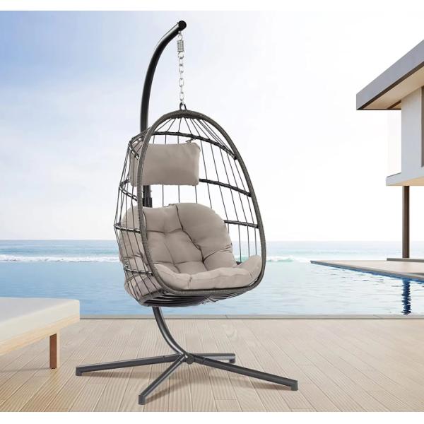 Foldable Patio Swing Hanging Chair With Stand Rattan Hanging Round Swing Egg Chair