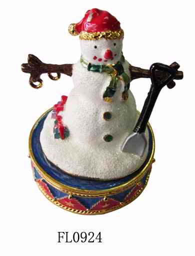 Christmas Snowman Girl Metal Jeweled Trinket Box