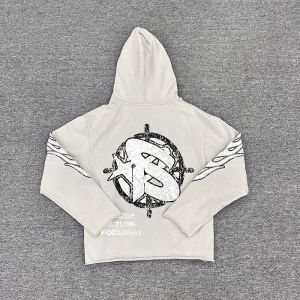 Custom Open Bell Sleeves Screen Rhinestone Print Logo Hoodies French Terry Raw