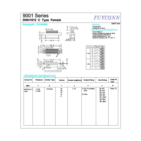 Female 3 Rows 20 Pin Press Pin Euro 41612 Connector