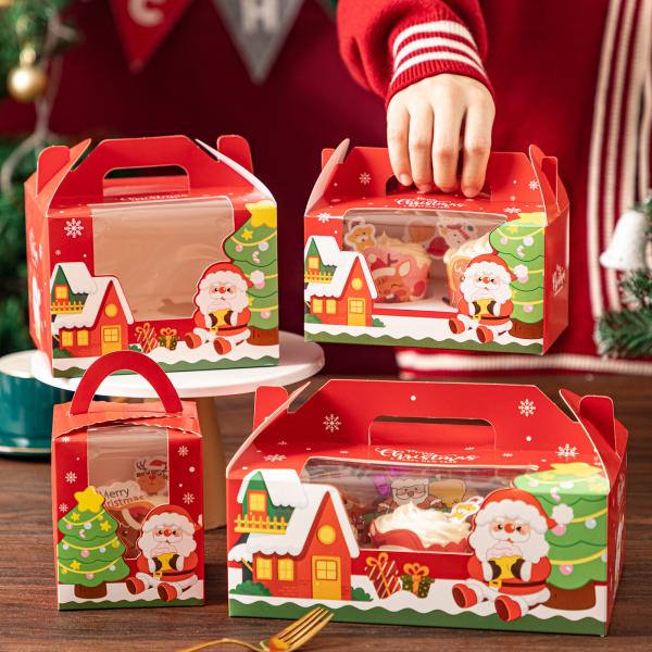 Quality Christmas Cupcake Box Set Transparent Window Bakery Packaging Handle Carry Boxes Festive Santa Tree Pattern wholesale
