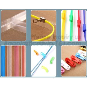 String zipper, PP Flanged zipper, PP Slider zipper; PVC String zipper, PVC