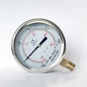 China 1/2 NPT 4 Inches Liquid Filled Pressure Gauge Bottom Mount 15-60 Psi Stainless Steel Case on sale