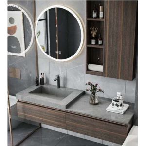 China Round Mirror Contemporary Bathroom Cabinets Gray Lacquer For Handwashing on sale