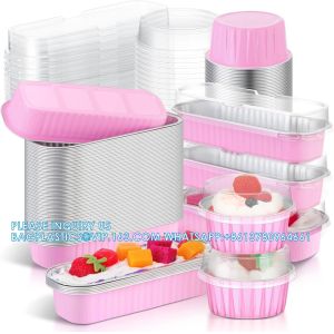 6.8 Oz Foil Ramekins Pan With Lids, Rectangle Cupcake Cups Containers Wrappers,
