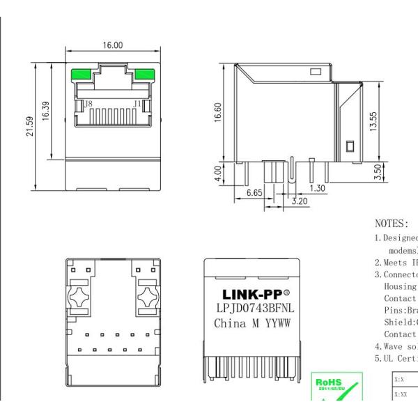 HFJV1-1G41-L11RL 1000 Base-T RJ45 Vertical Jack With Magnetics LPJD0743BFNL