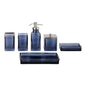 Glass Bathroom and Hotel Accessories Set in Pale Blue Square Shape with Nickel Apothecary Head Soap Dispenser