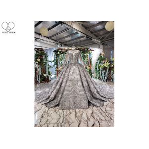 China Backless Grey Tailor Made Prom Dresses , Long Sleeve Ball Gown Luxury Beading on sale