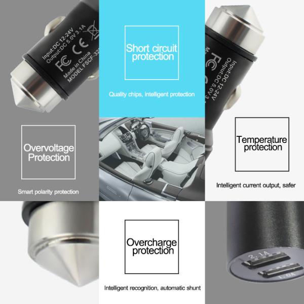 Quality Multifunctional Dual 1.0A and 2.1A smart car usb charger with safety hammer function wholesale