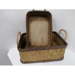 Beige Woven Rectangle Basket Set With Rope Handle