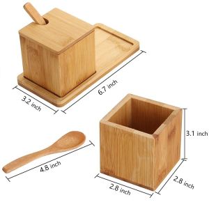 Natural Bamboo Square Salt Spice Herb Dry Storage Box With Lid Spoon 17x7.1x8
