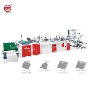 Fully automatic four function soft loop patch die cut poly draw handle shopping