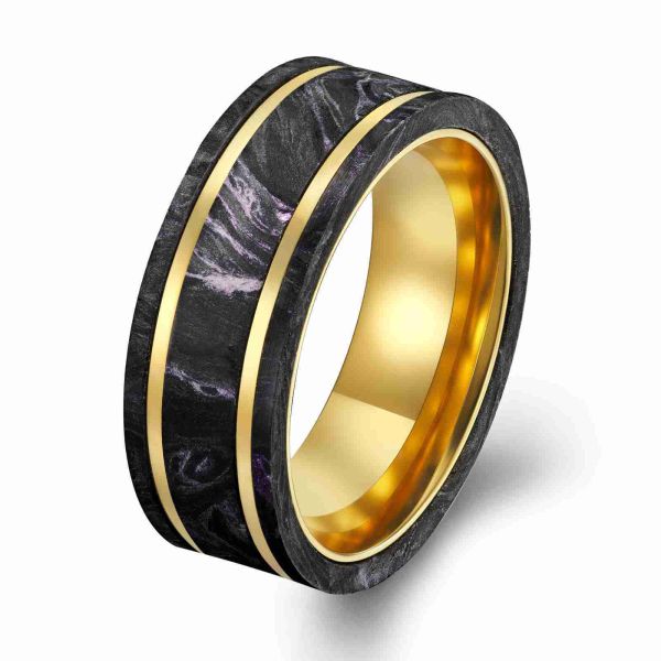 Quality New Arrival Black Forged Carbon Fiber Ring Plated 14K Gold Men's Ring with Purple Foil wholesale
